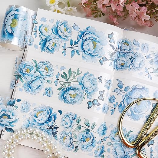 PET Tape Stickers for Journaling - Blue Flower Junk Journal Supplies Scrapbooking Tapes, Aesthetic Peony Flower Bullet Scrapbook Journal Stickers Tape, Decorative Tapes for Art Crafts