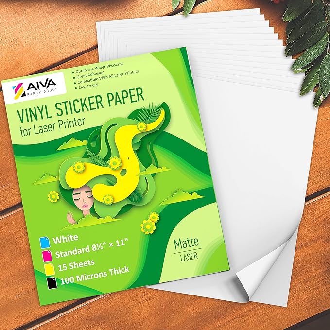 Printable Vinyl Sticker Paper for Laser Printer - Matte White - 15 Self-Adhesive Sheets - Waterproof Decal Paper - Standard Letter Size 8.5"x11"