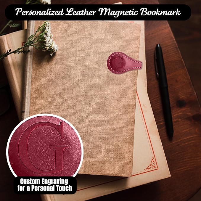 Personalized Leather Magnetic Bookmarks (1 Pack) Vintage Custom Engraved Initial ID Identification Book Marker Clip Gift for Book Lover Avid Readers (Letter G, Red)