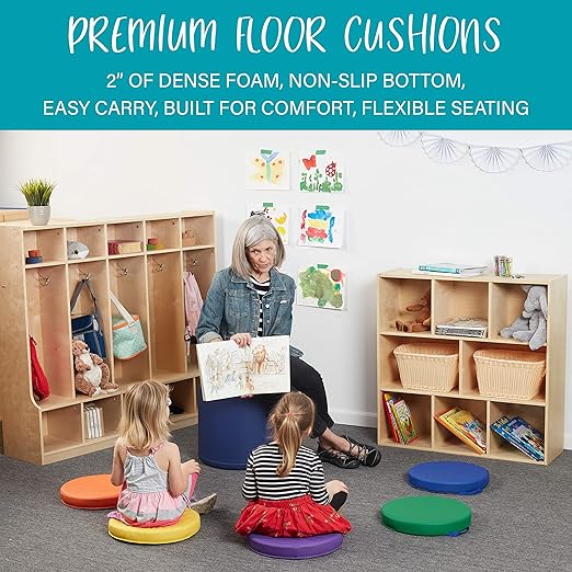 Factory Direct Partners SoftScape 15 inch Round Classroom Floor Cushions with Handles; Flexible Seating for Daycare, Preschool, Playroom; 2 inch Thick Deluxe Foam (6-Piece) - Assorted, 11232-AS