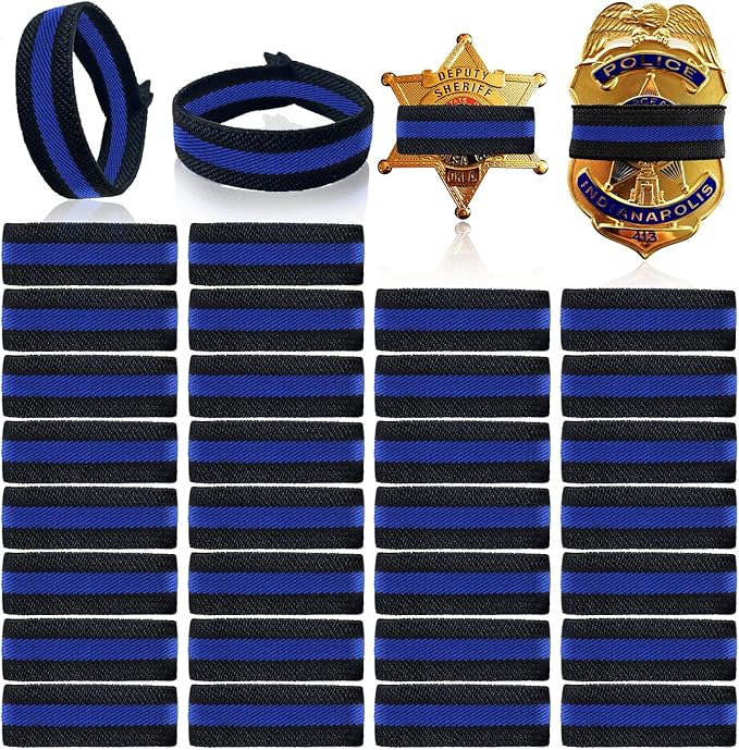 CREATRILL 30 Pack Thin Blue Line Police Mourning Band Stripe Police Officer Badge Shield Funeral Honor Guard Straps for Badge Size of 1.4" to 2.4"