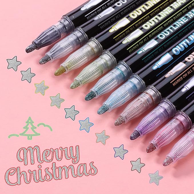 Mr. Pen- Double Line Outline Markers, 10 Colors, Self-Outline Metallic Markers, Outline Pens, Craft Pens