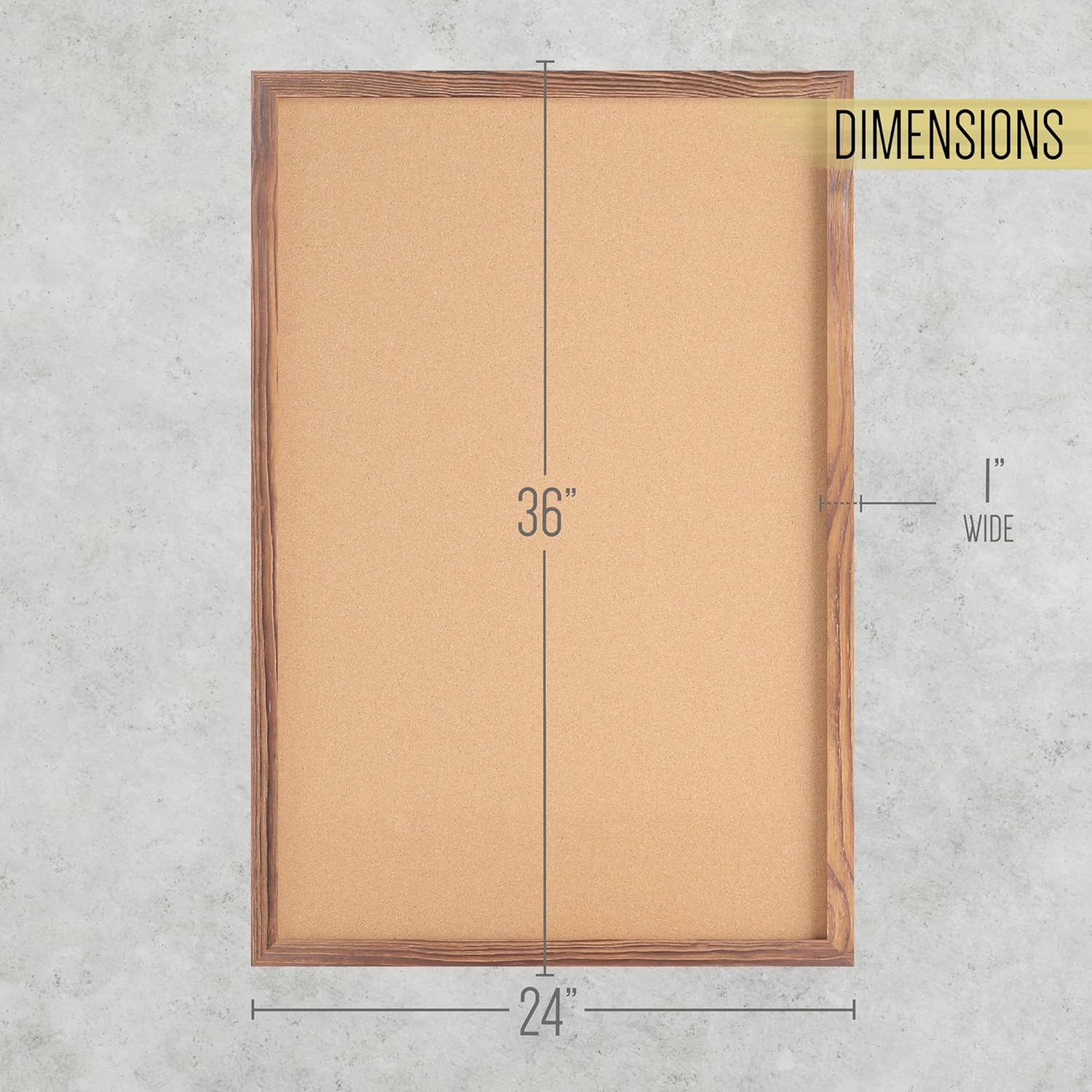 HBCY Creations Wall Mount Torched Wood Cork Board - 24" W x 36" H - 6 Wooden Push Pins - Solid Pine Wood Frame - for Kitchen, Classrooms, Restaurant Menus and More!