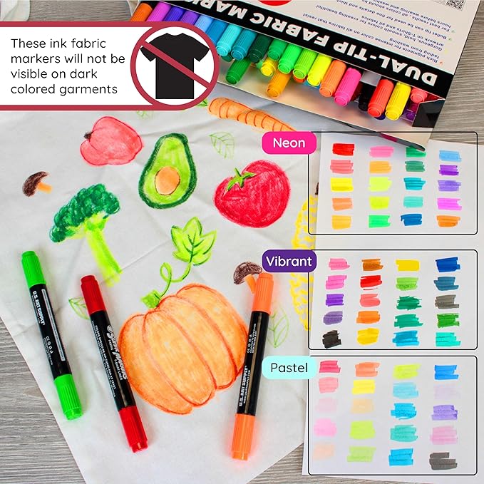 Super Markers 60 Unique Primary, Pastel, Neon Colors Dual Tip Fabric & T-Shirt Marker Set - Double-Ended Fabric Markers with Chisel Point and Fine Point Tips - Bright Vibrant Bold Permanent Ink Colors