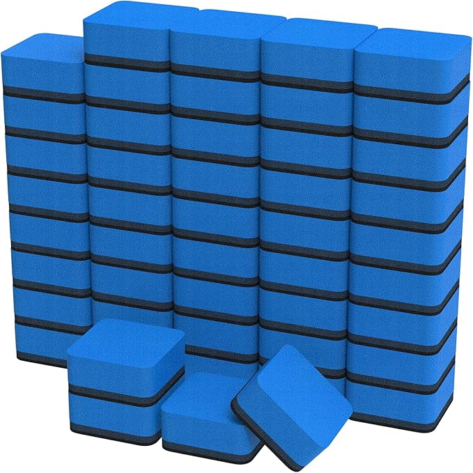 MaxGear Dry Erase Erasers, 48 Pack Magnetic Whiteboard Erasers for Classroom, Mini Whiteboard Cleaning Pads, Chalkboard Wiper Teacher Supplies for School, Office, Home （Blue, 2 x 2 Inch