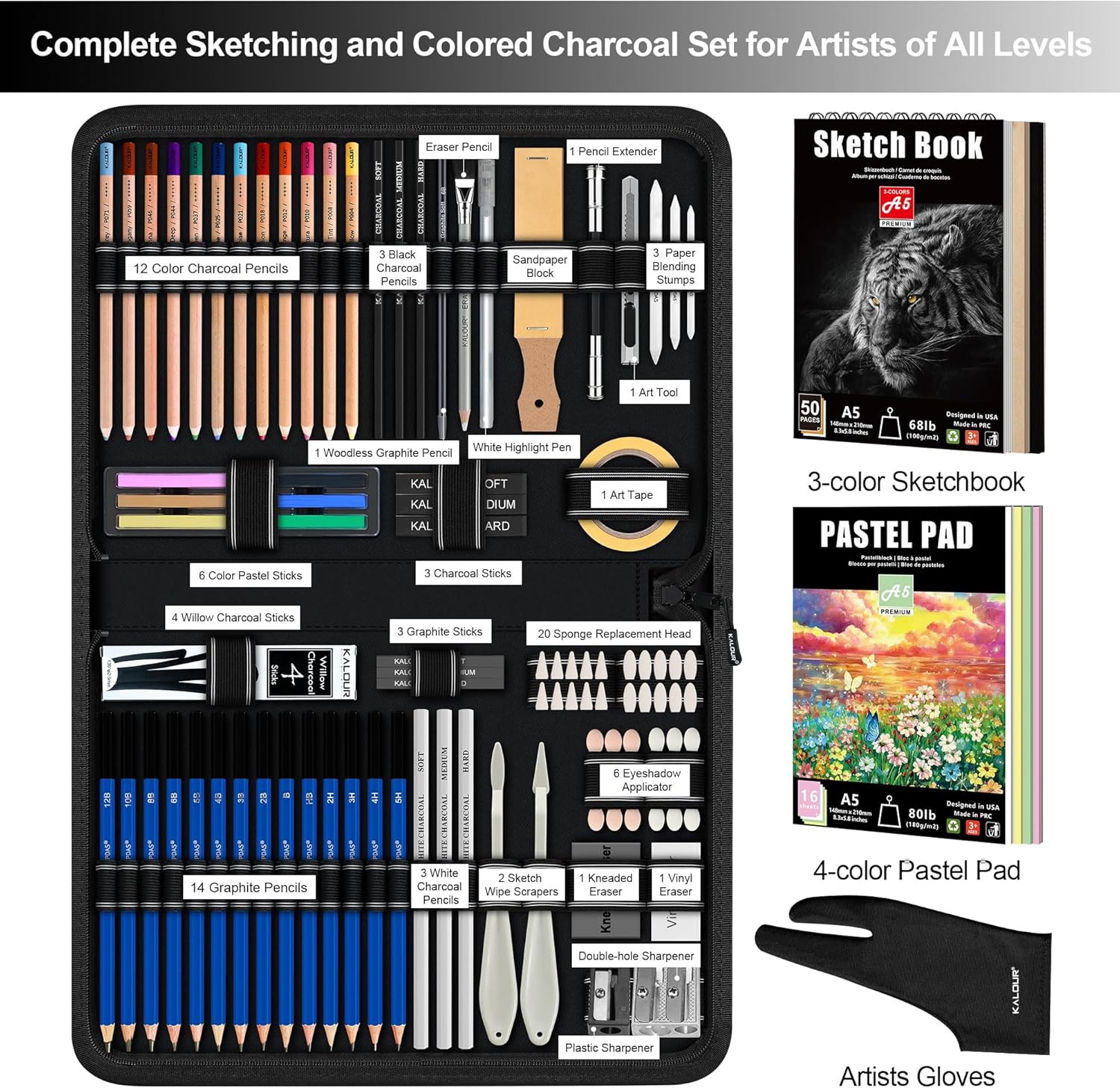 KALOUR 95-Piece Sketching and Drawing Art Set with 3-color Sketch Book and Pastel Paper – Graphite, Charcoal, and Pastel Pencils – Complete Artist Kit for Beginners and Professionals