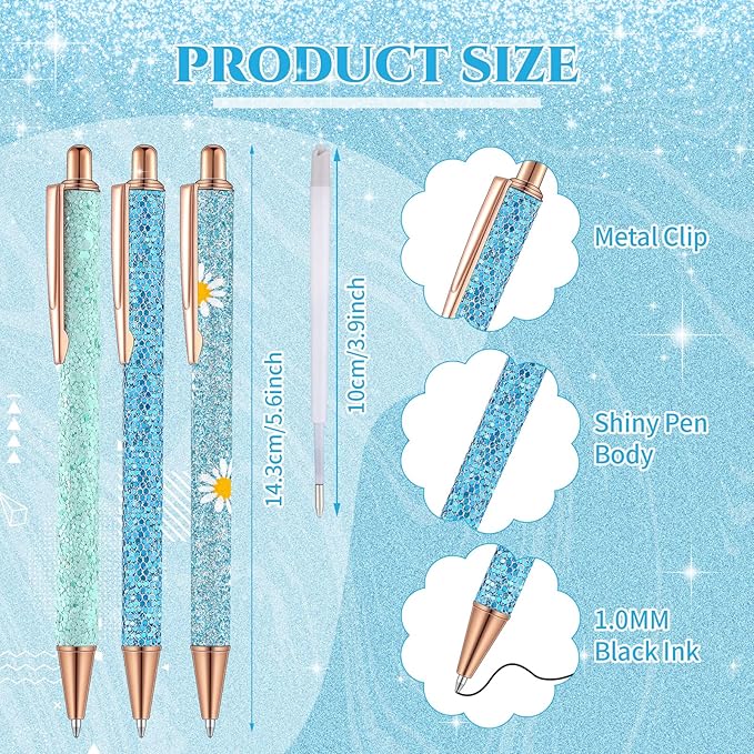 Sherr 7 Pcs Fancy Pens for Women Cute Sparkly Glitter Pens with 10 Pcs Black Ink Refills Pretty Gifts for Girls Office School Christmas Graduation(Blue,Plain)