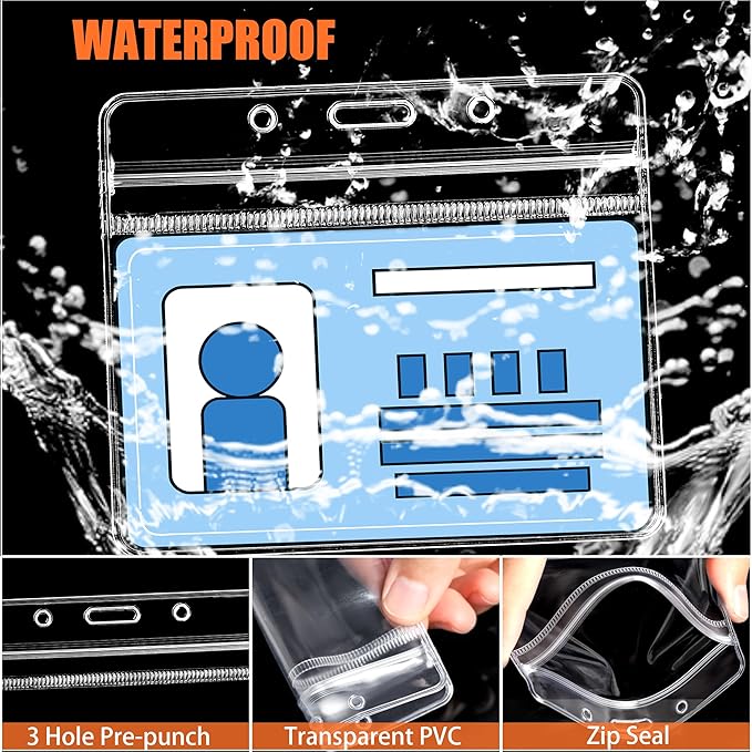 100Pcs Clear Plastic Horizontal Name Tags Badge ID Card Holders and 100Pcs Lanyards with Clip (Orange)