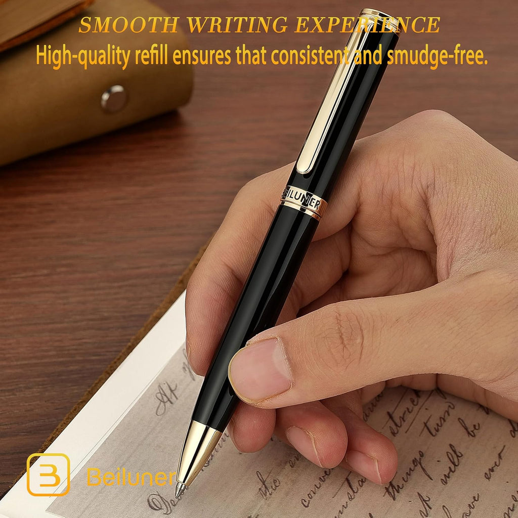 BEILUNER Luxury Gel Pen with 24K Gold Finish, Black Piano Lacquer, Luxury Grade Craftsmanship, Best Pen Gift Set for Men and Women, Professional, Executive, Office, Retractable Nice Pens