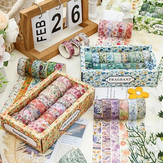 18 Rolls Blossom Washi Tape Set Floral Arts Adhesive Tapes Flowers Garden Decorative Masking Tape Sets for Craft, Kids, Scrapbook, DIY, Gift Wrapping (Ocean Breeze)