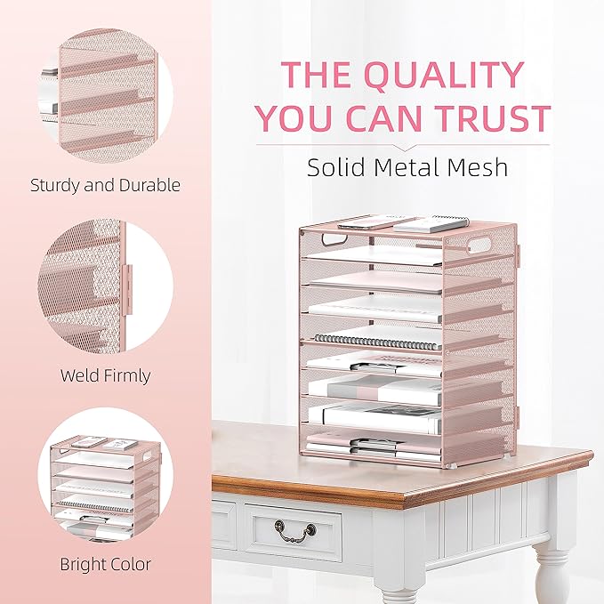 DALTACK 9-Tier Paper Letter Tray Desk Organizer with Handles, Mesh File Holder Organization, Paper Sorter Desk Organizer for Office Home School, Pink