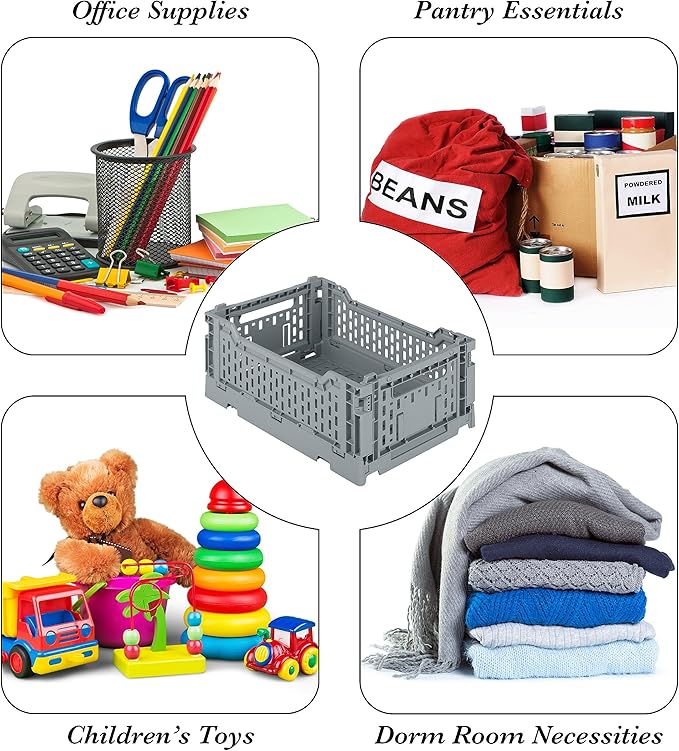 Simplify 4LT Collapsible Storage Crate | Small | Foldable | Stackable | Plastic Bin | Home Organization | Dorm | Office | Crafts | Shelf | Grey