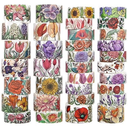 Flower Washi Tape Set, 34 Rolls Floral Tapes for Journaling Supplies, 25mm and 15mm Decorative Tape for Crafts, Christmas Gifts for Moms, Girlfriends, Kids (Rose, Sunflower, Lavender)
