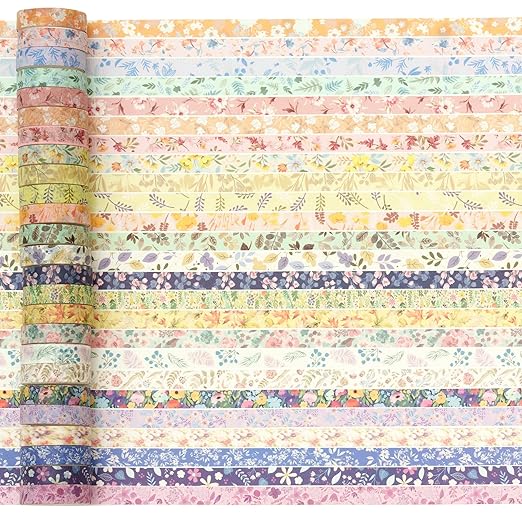 YUBBAEX Flowers Washi Tape Pack 50 Rolls Floral Printed Masking Tape Plants Decorative for Arts, DIY Crafts, Journal Supplies, Planners, Scrapbook, Card/Gift Wrapping