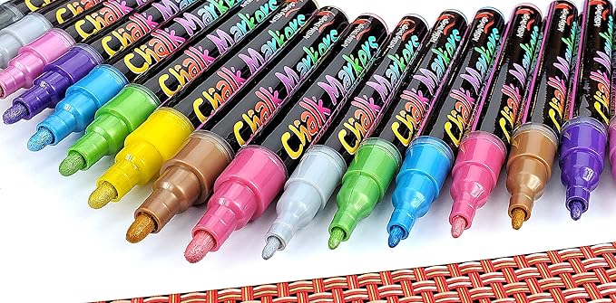 18 Metallic Chalk Markers - Double Pack of Both Fine and Reversible Medium Tip Liquid Chalk Pens - Wet Erasable - Menu Boards, Glass, Windows, White Boards, Classrooms, Mirrors, Plastic