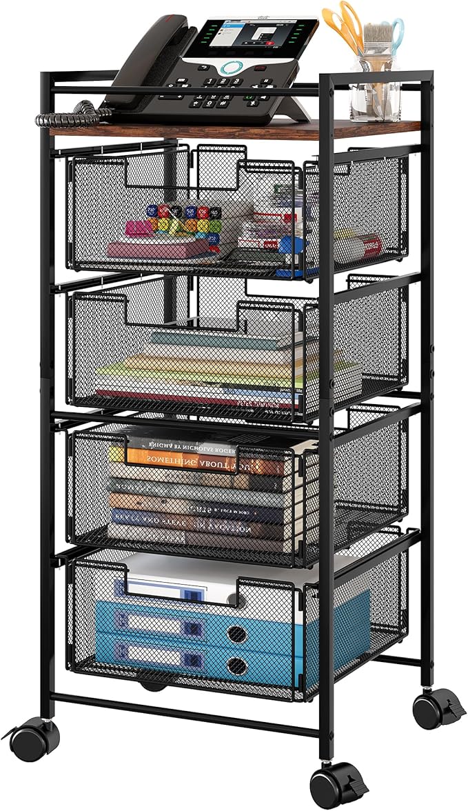 EasyPAG Rolling File Cabinet 4 Drawers Metal File Organizer Storage Cart Mobile File Cart with Removable Drawers with 4 Swivel Casters Rolling Wheels Cart, Black