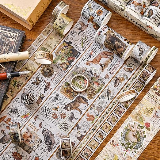 18 Rolls Vintage Washi Tape Pack Retro Arts Adhesive Tapes Wide Monologue Decorative Masking Tape Sets for Craft, Kids, Scrapbook, DIY, Gift Wrapping (Jungle Trails)