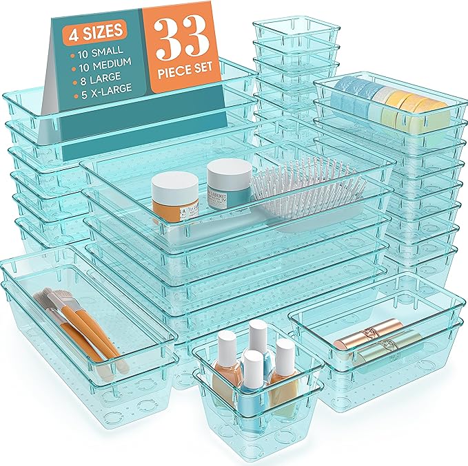 33 PCS Clear Plastic Drawer Organizers Set, 4 Size Desk Drawer Organizer Trays for Makeup, Jewelry, Kitchen Utensils, Gadgets and Office Accessories, Sea Blue