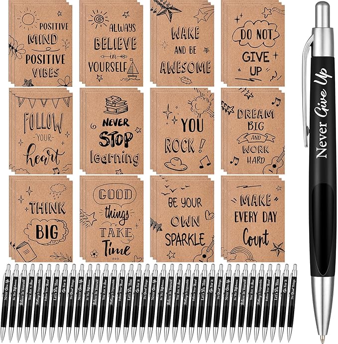 Yeaqee 72 Pcs Motivational Pens Notepads Gifts Set Inspirational Quote Ballpoint Pen Small Notebook Mini Journal Bulk Gifts for Teacher Coworker Gifts Women Office School(Positive)