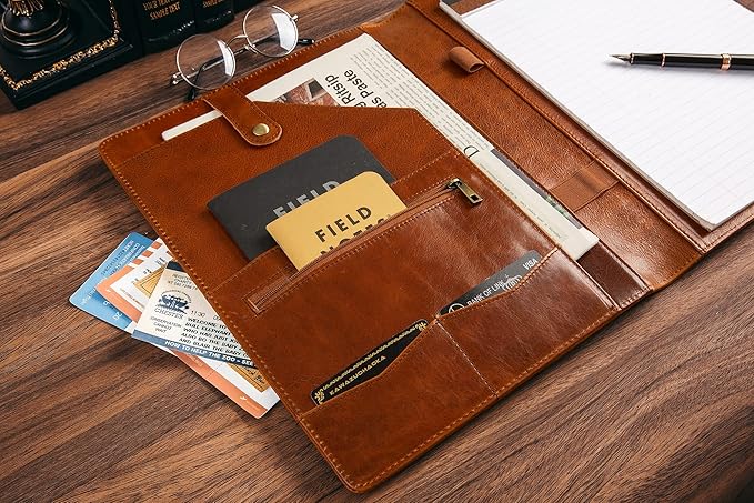 Genuine Leather Portfolio for Men, Leather Clipboard Custom Portfolio, Personalized Leather Binder, Legal Pad Portfolio Organizer Christmas Gift for His/Her (Clipboard, Shiny Brown-Standard)