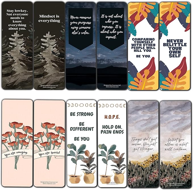 Creanoso Encouraging Sayings Bookmarks (2-Sets X 6 Cards) – Daily Inspirational Card Set – Interesting Book Page Clippers – Great Gifts for Adults and Professionals