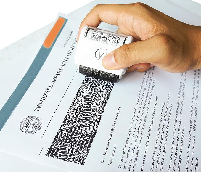 Identity Theft Protection Roller Stamps Wide Kit - Confidential Roller Stamp, Anti Theft, Privacy & Security Stamp, Designed for ID Blackout Security - Classy White with 6 Refills
