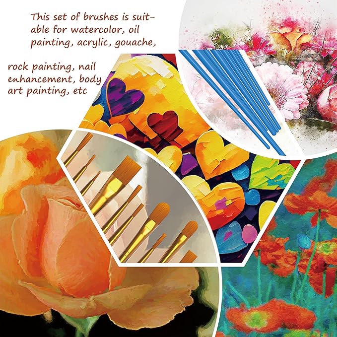 Paint Brushes Set for Acrylic Painting, 20 Pcs Art Painting Brushes Nylon Acrylic Paint Brush, 10 Sizes Paint Brush for Kids Adults Oil Watercolor Rock Painting Body Face Nail Art
