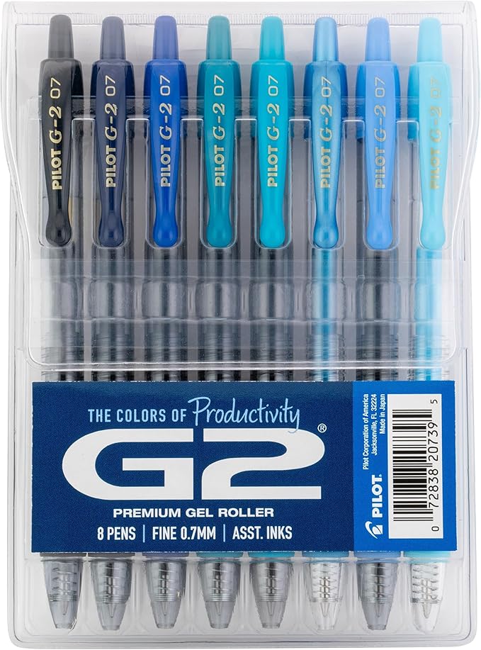PILOT, G2 Premium Gel Roller Pens, G2 Boost Blues Pack, The Colors of Productivity, 8 Pack Pouch, Fine Point 0.7 mm, Assorted