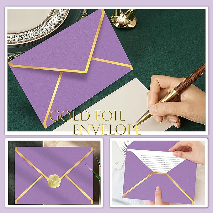 60 Pack Gold Envelopes 5x7 Bulk Purple, 250G Pearled Cardstock A7 Envelopes for Invitations Business Mailing Envelope with Gold Foil Border, A6 4x6 Envelopes for Wedding Baby Shower Cards