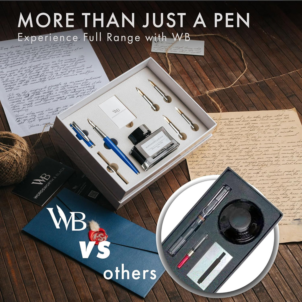 Wordsworth & Black Fountain Pen Gift Set, Includes Bottle, 6 Cartridges, Refill Converter, 4 Replacement Nibs, Premium Package, Journaling, Calligraphy, Smooth Writing Pens [Blue Chrome]