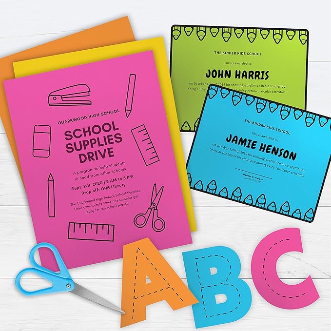 Printworks Neon Cardstock, 65 lb, 5 Assorted Florescent Colors, FSC Certified, 50 Sheets, 8.5” x 11” (00681), Single