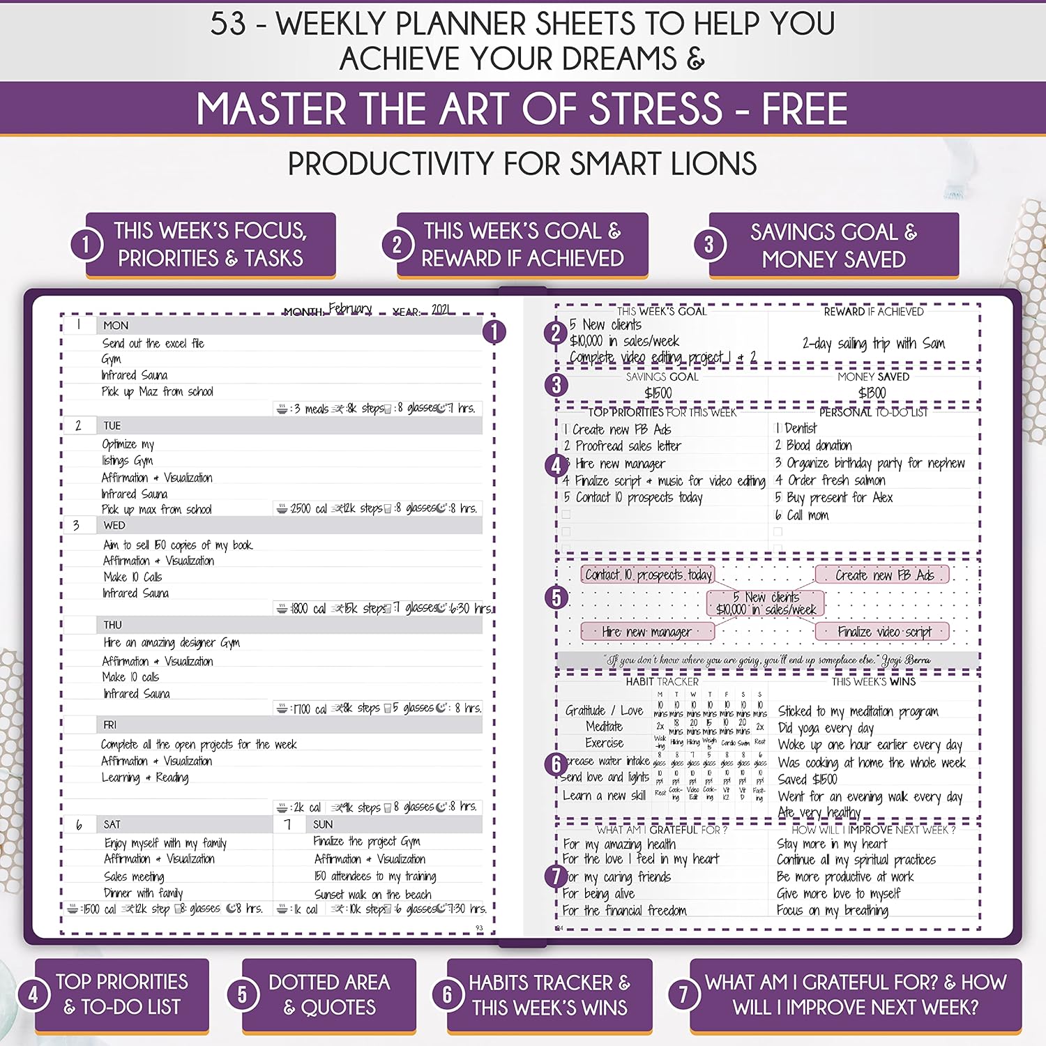 Life Planner - Undated Daily, Weekly & Monthly Planner with Budget Section | A 12 Month Journey to Increase Productivity & Happiness | Life Organizer & Gratitude Journal - Horizontal Format