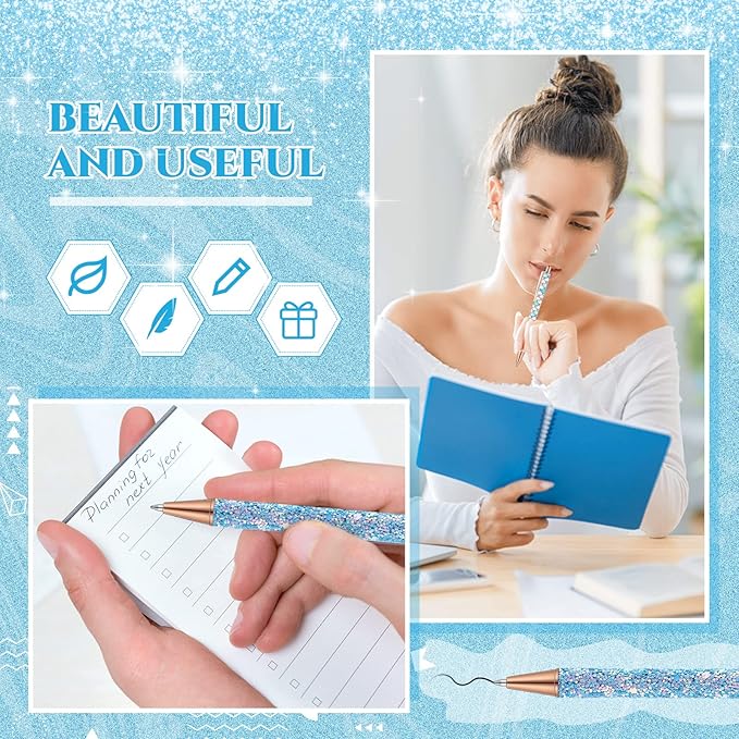 Sherr 7 Pcs Fancy Pens for Women Cute Sparkly Glitter Pens with 10 Pcs Black Ink Refills Pretty Gifts for Girls Office School Christmas Graduation(Blue,Plain)