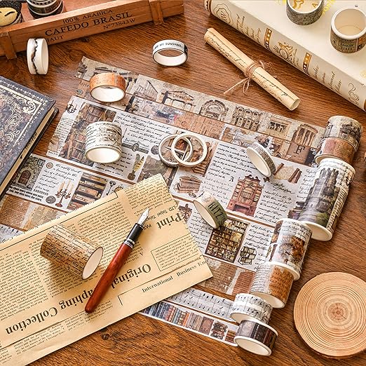 18 Rolls Vintage Washi Tape Pack Retro Arts Adhesive Tapes Wide Monologue Decorative Masking Tape Sets for Craft, Kids, Scrapbook, DIY, Gift Wrapping (Past Events)