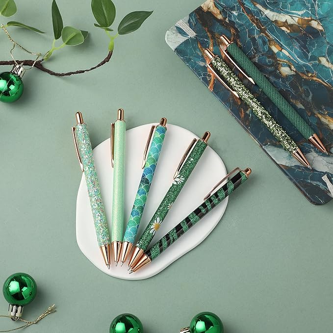 Mr. Pen- Fancy Pens for Women, Emerald Enchantment, 7 Black Ink Ballpoint Pens with 10 Refills, 1.0mm, Glitter Cute Pens for Journaling, Sparkly Fancy Pen, Easter Gift