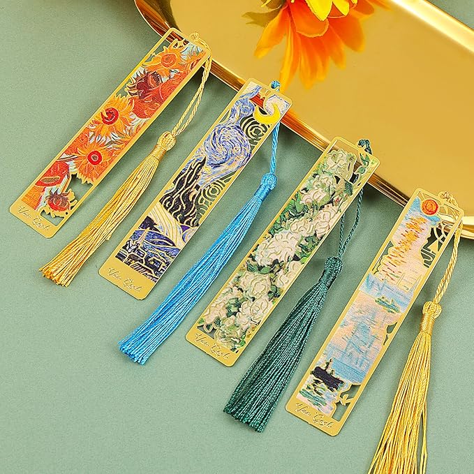 Sibba Book Marks for Book, 4Pcs Hollow Flower Metal Bookmarks with Tassels, Durable Retro Handmade Bookmarks for Women Kids Students Teachers and Book Lovers, Pretty&Increase Reading Interest