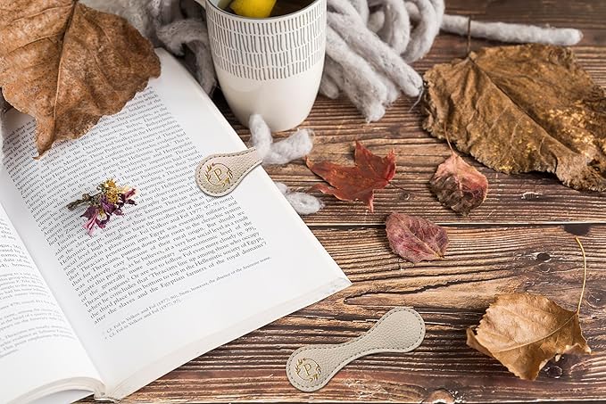 ABTOLS Magnetic Leather Initial Bookmarks, Vintage Initial ID Identification Book Marker Clip Gift Beige Capital Letter Book Markers for Book Lover Avid Readers (P)