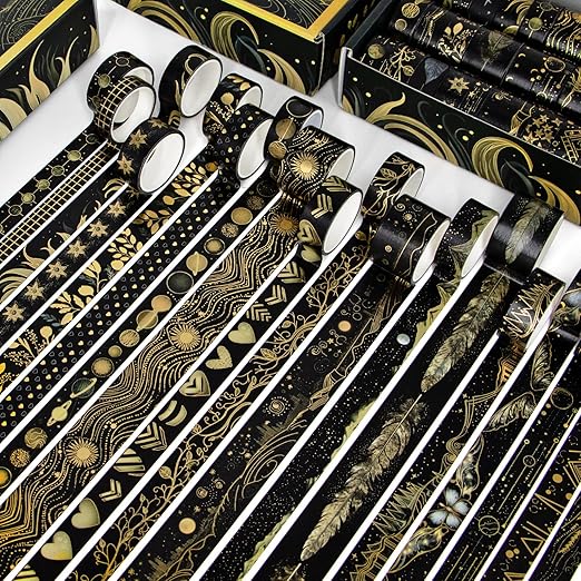 Black Washi Tape Set, 27 Rolls Black Gold Foil Decorative Masking Tape for Bullet Journaling, Scrapbooking Supplies, Watercolor Painting