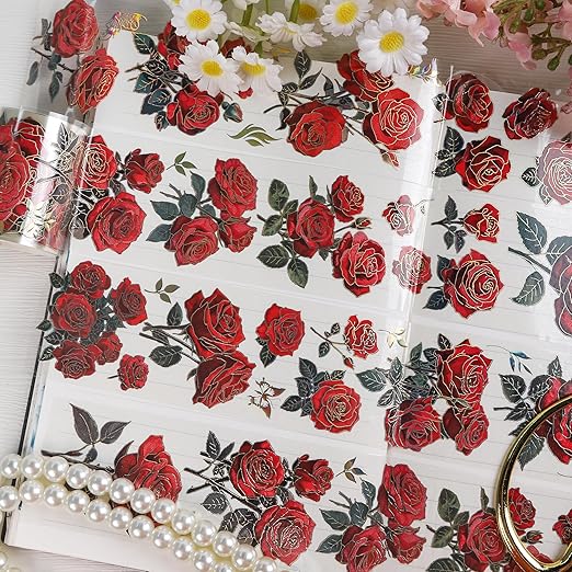 Rose Flower Scrapbook Supplies - Vintage Red Flower Junk Journal Supplies, Floral Srapbooking Tapes Art Crafts Decorative