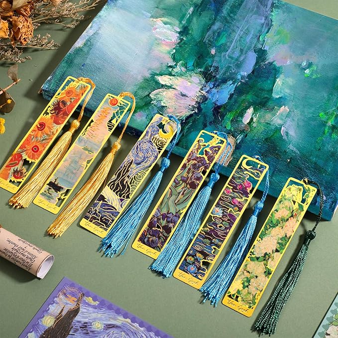 6pcs Metal Bookmarks with Tassel, Van Gogh Oil Painting Theme Vintage Bookmarks, Book Lover Gifts for Women, Golden Hollow Bookmarks, Fancy Aesthetic Bookmarks for Book Lovers, Stocking Stuffers