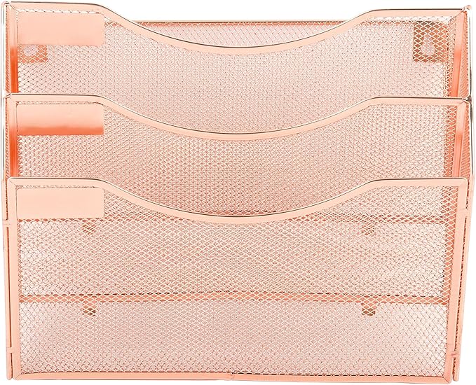 EASEPRES 3 Pocket Mesh Hanging Wall File Organizer, Wall Mounted Mail Paper Document Folder Holder, Clipboard Storage Organization Magazine Rack with Nametag Label for Office Home School, Rose Gold