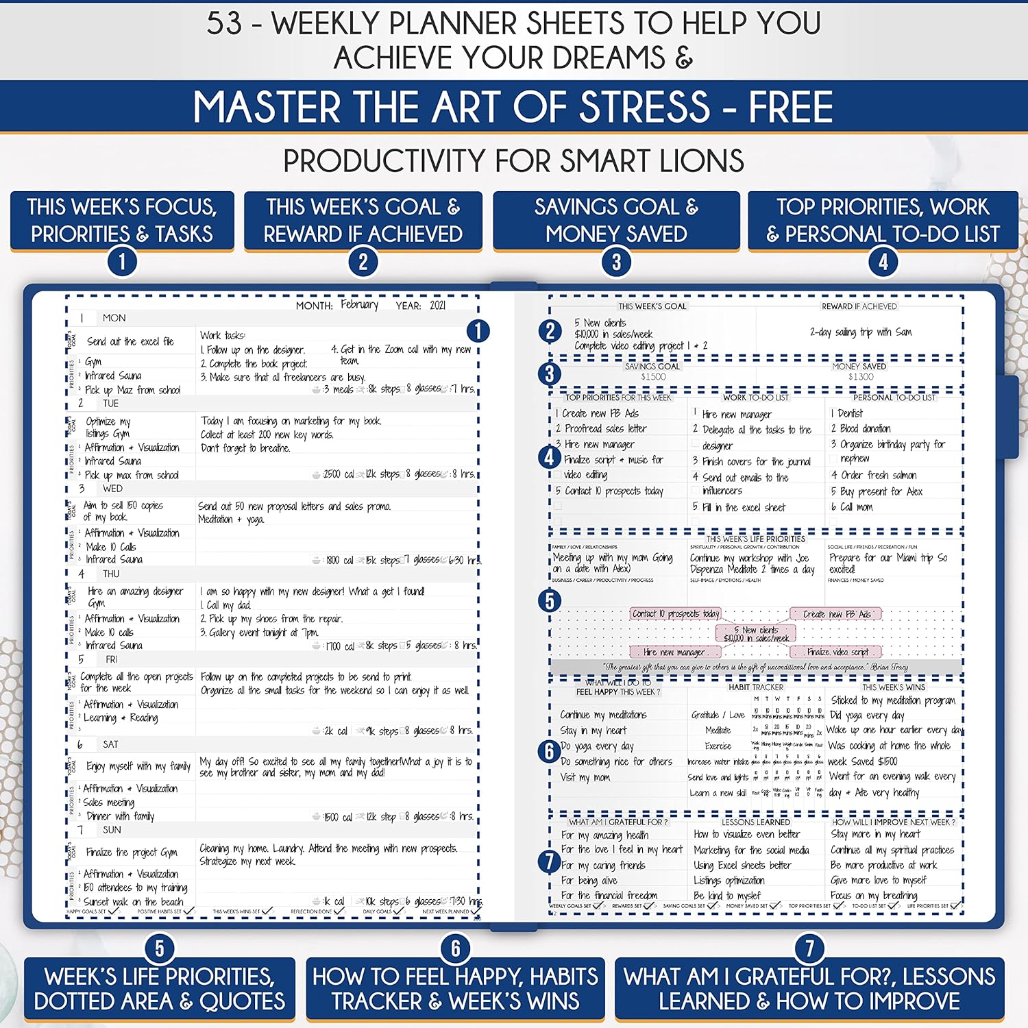 Life Planner - Undated Daily, Weekly & Monthly Planner with Budget Section | A 12 Month Journey to Increase Productivity & Happiness | Life Organizer & Gratitude Journal - Horizontal Format