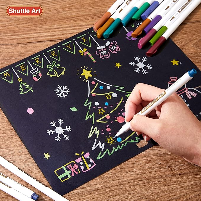 Shuttle Art Metallic Marker Pens, 30 Colors Metallic Paint Markers with 1 Coloring Book Fine Point for DIY Card, Calligraphy, Art and Crafting Projects, Works Great on Black Paper, Scrapbooks, Rock