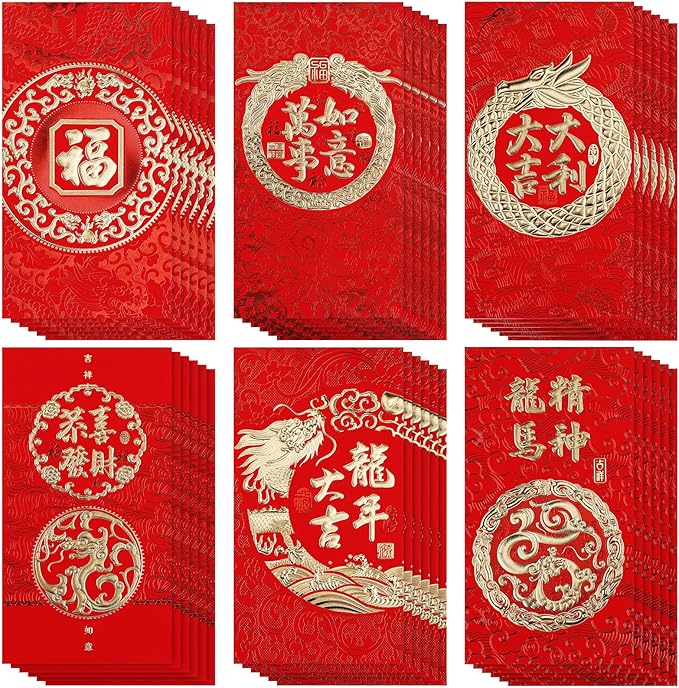 36PCS Chinese Red Envelopes, Chinese New Year Red Envelopes 2024 Dragon Lucky Money Red Packet Envelopes Hong Bao with Classic Chinese Patterns and Blessing Words (6 Styles)