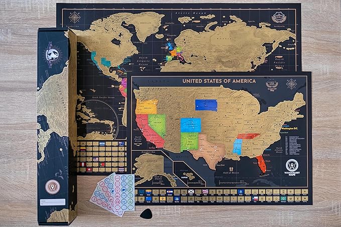 Two Scratch-Off Maps: World Map 17x24" + USA Map - Deluxe Travel Posters - Colorful Countries, US States, and Flags - Easy Scratch-Off Maps with Accessories for Travel Lovers - Name Tag Gift Box