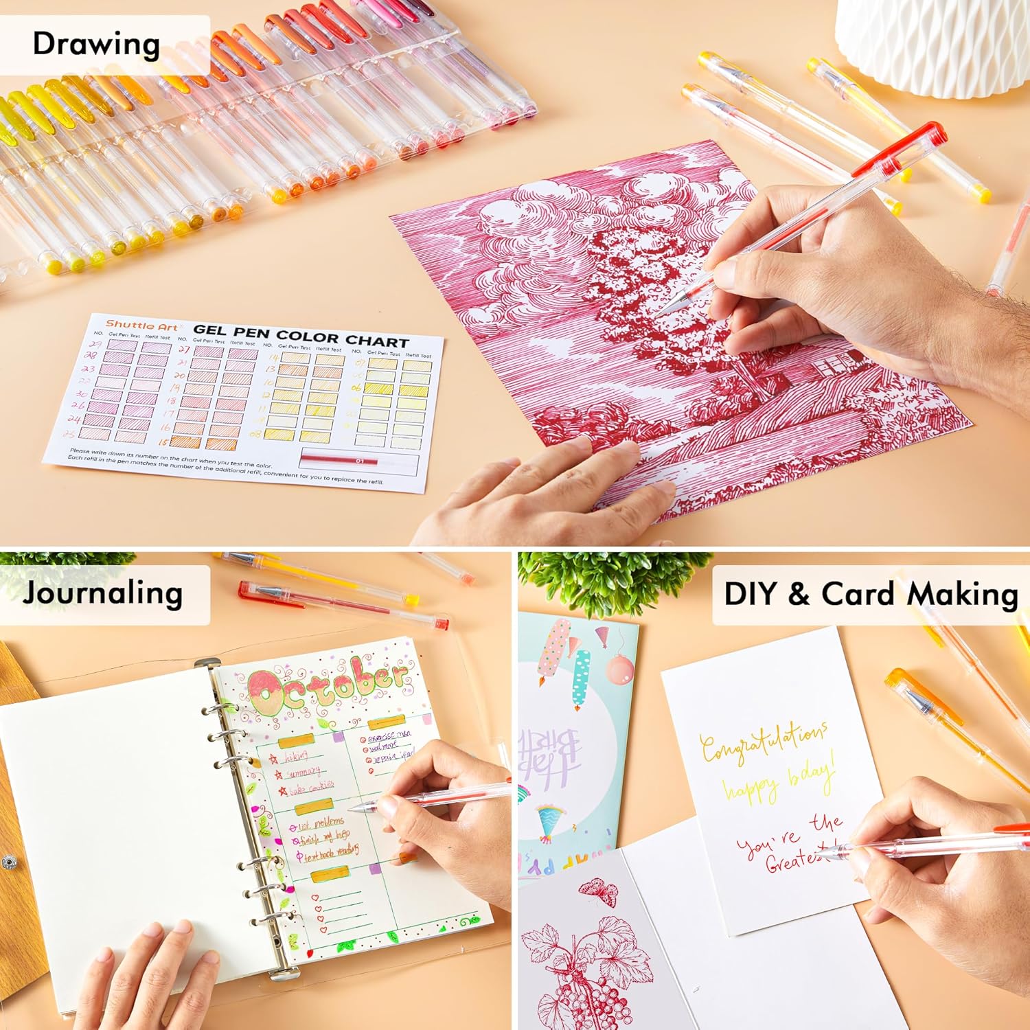 Shuttle Art 60 Pack Red Yellow Tone Gel Pens, 30 Red Orange Yellow Gel Pens with 30 Refills for Adults Coloring Books Journaling Drawing Nature, Landscapes, Animals Scenes