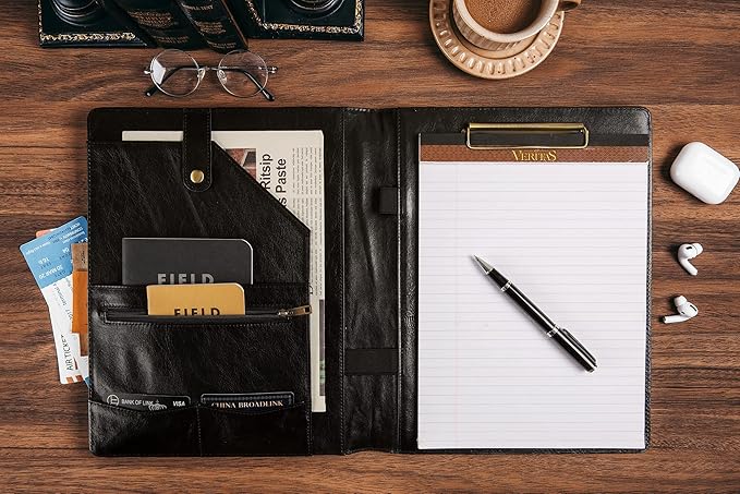 Personalized Leather Portfolio for Men, Engraved Leather Clipboard Portfolio Binder, Custom Leather Resume Padfolio for Women, Christmas Gift for His/Her (Clipboard, Shiny Black-Custom)