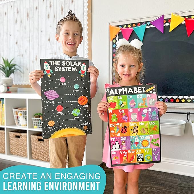 Hadley Designs 16 Educational Posters for Classroom & Kindergarten, Kindergarten Classroom Must Haves, Laminated PreK Learning Chart Materials US & World Map, ABC Alphabet, Shapes, Days of the Week