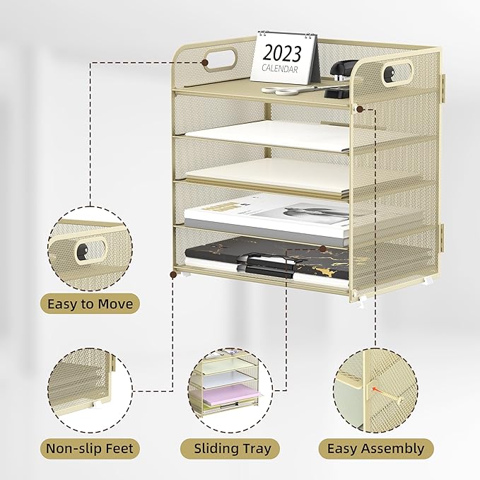 Supeasy 5 Trays Paper Organizer Letter Tray with Handle-Mesh Desk File Organizer,Pink Paper Sorter Desk Organizer for Office, Home or School (Gold Yellow)