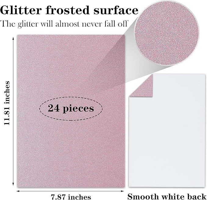 24 Sheets Pink Glitter Cardstock Paper, A4 Premium Sparkly Paper for Scrapbook, DIY Projects, Party Decoration, Gift Box Wrapping 250GSM/92lb
